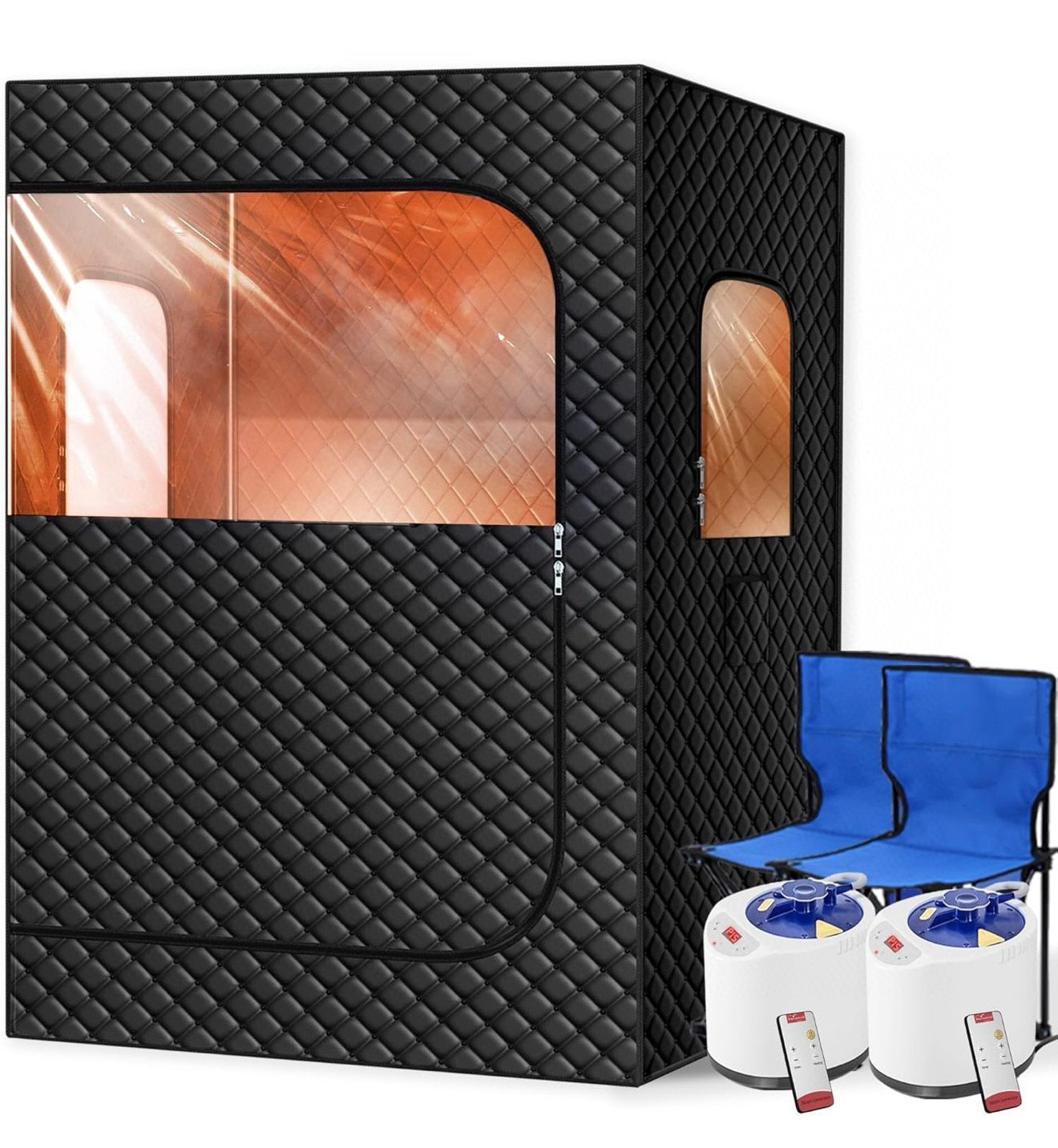 🔥Special Discount (Brand New in Box )🔥2Person Portable Steam Sauna for Home, Extra Large Sauna Box, Upgraded 2 Steamer, 2 Foldable Chair & Remote Co