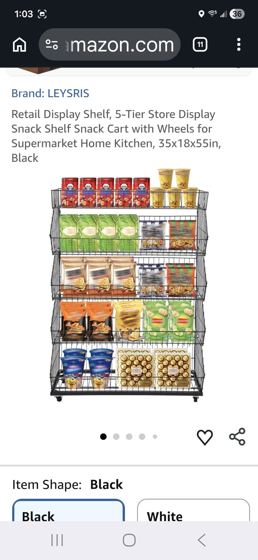 LEYSRIS Retail Display Shelf, 5-Tier Store Display Snack Shelf Snack Cart with Wheels for Supermarket Home Kitchen, 35x17x54in, White