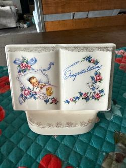 Vintage Ceramic Baby Congratulations Book Figurine