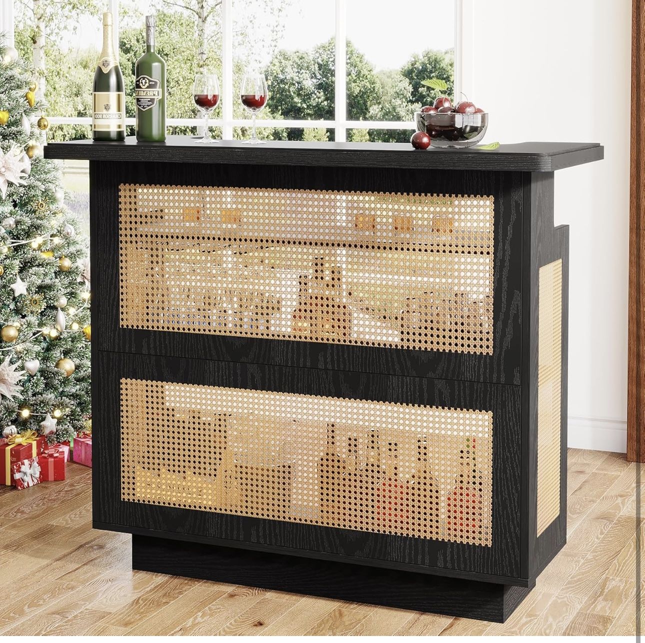 XK00843 Home Bar Unit, 4-Tier Liquor Bar Table, Mini Bar with Wine Racks and Glass Holder, Farmhouse Bar Table for Home Kitchen Pub, Caramel Black