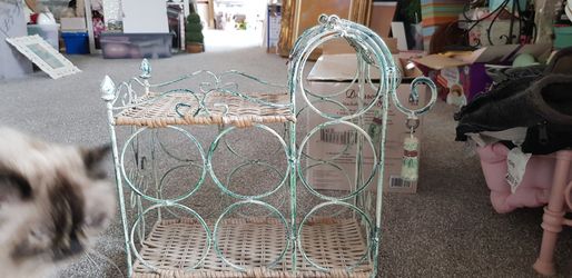 Vintage wicker bottle holder and wrought iron