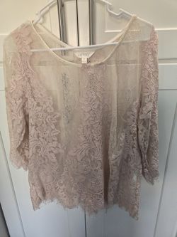 Womens Beige & Pink Sheer Top With Floral Lace Applique Frayed Hem 