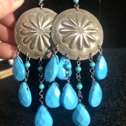 Turquoise & Silver Colored Earrings Statement 
