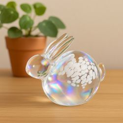Studio Art Glass 1980s Clear Rabbit Figurine Paperweight Hand-Blown, 3.5x3”
