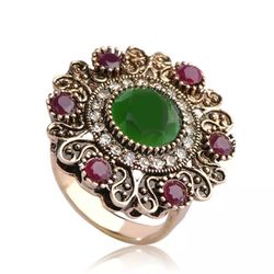 Valentine's Day Green Red Crystals Gold Ring 