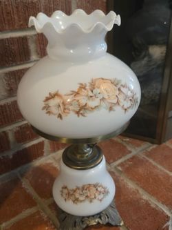Vintage Hurricane Table Lamp Milk Glass Floral