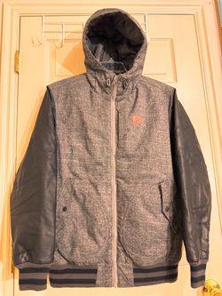Gray Hooded Jacket with Faux Leather Sleeves