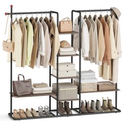 Clothes Rack with Shoe Shelf, Heavy-Duty Storage Rack, 6 Storage Shelves, 2 Hanging Rails