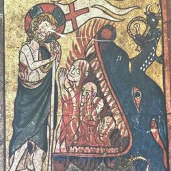 CHRIST GATES OF HELL Original Vintage Poster Norway Antique Fine Art Print Stave Church Collectible 1950’s Italy Printed Enthroned Norwegian Ephemera