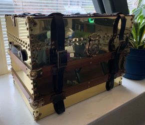 Vintage Brass Mirror Leather Strap Trunk