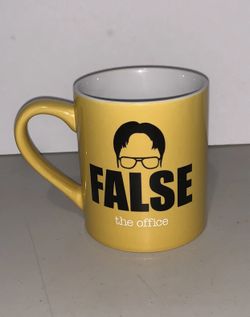 The Office Dwight Schrute FALSE 14oz Mug Yellow Dunder Mifflin ID Badge PreOwned
