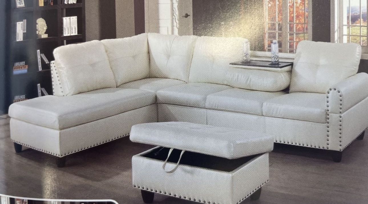 White Leather Sectional Couch With Drop Down Table 