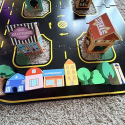 IKEA road puzzle with misc wooden city accessories