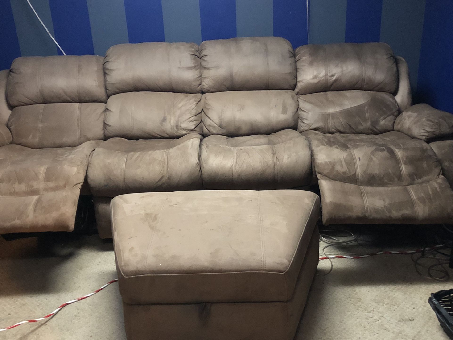Tan Couch W/ Recliners On Both Ends & Ottoman W/storage