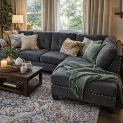 Brand new Ash black tweed velvet like sectional sofa