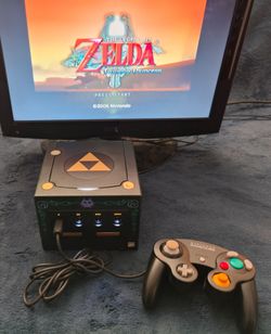 Custom painted Zelda GameCube with Black Controller and Power/AV cables