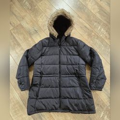 Gap Womens Large Black Puffer Coat with Faux Fur Hood 