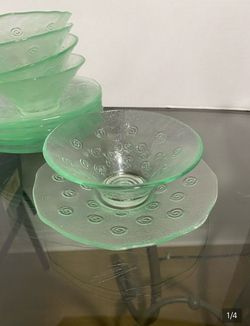Vintage Green Glass Wedding Luncheon Bowls With Saucers with Swirl Design. 5 Sets.