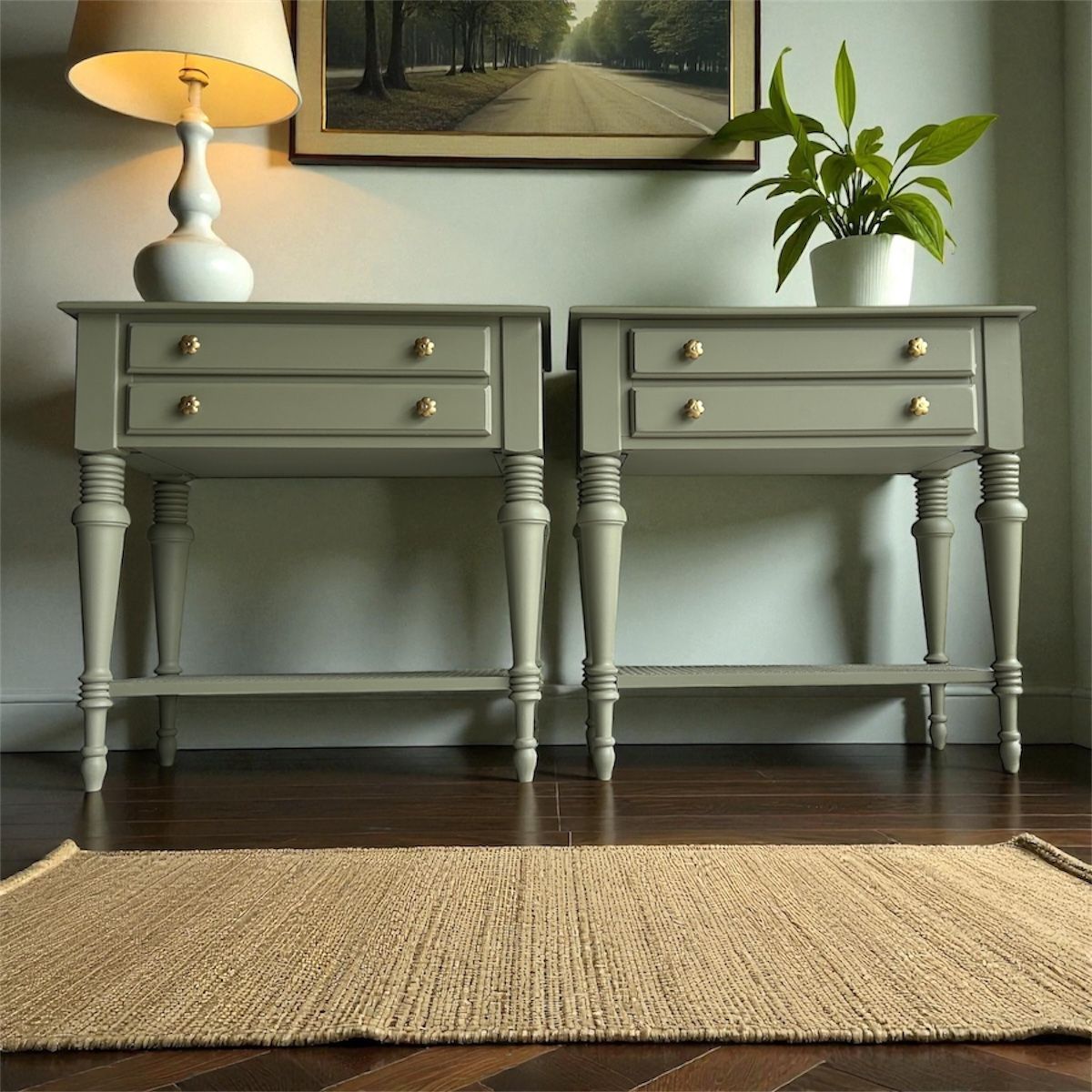 Refinished Ethan Allen Cayman Nightstands / End Tables Pair 2– Highlands Earthy Green