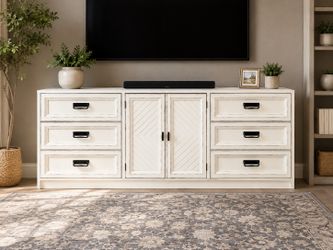 Distressed White Media Console Table with storage