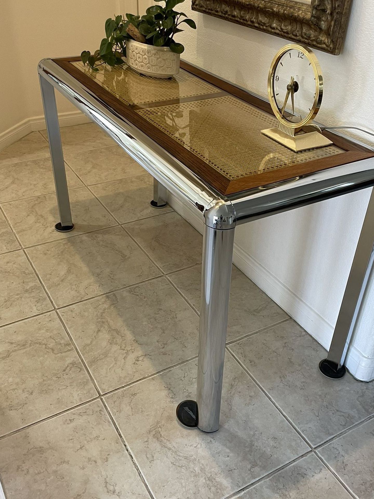 Mid Century Chrome And Cane Console Table With Glass Top In The Style Of Milo Baughman For Design Instatute Of America  52”x30”x22”D