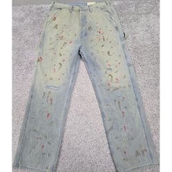 MNML Jeans Mens 34x33 Blue Herringbone Baggy Distress Grunge Painter Carpenter 