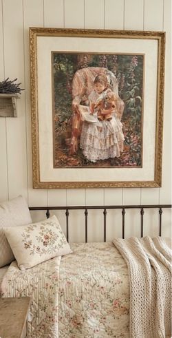Moving Sale! Large Elegant Modern Farmhouse Framed and Matted Print - Girl Reading in Garden
