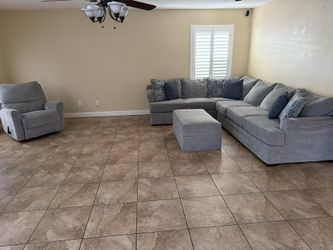Large Gray Sectional + Ottoman + Recliner – $750