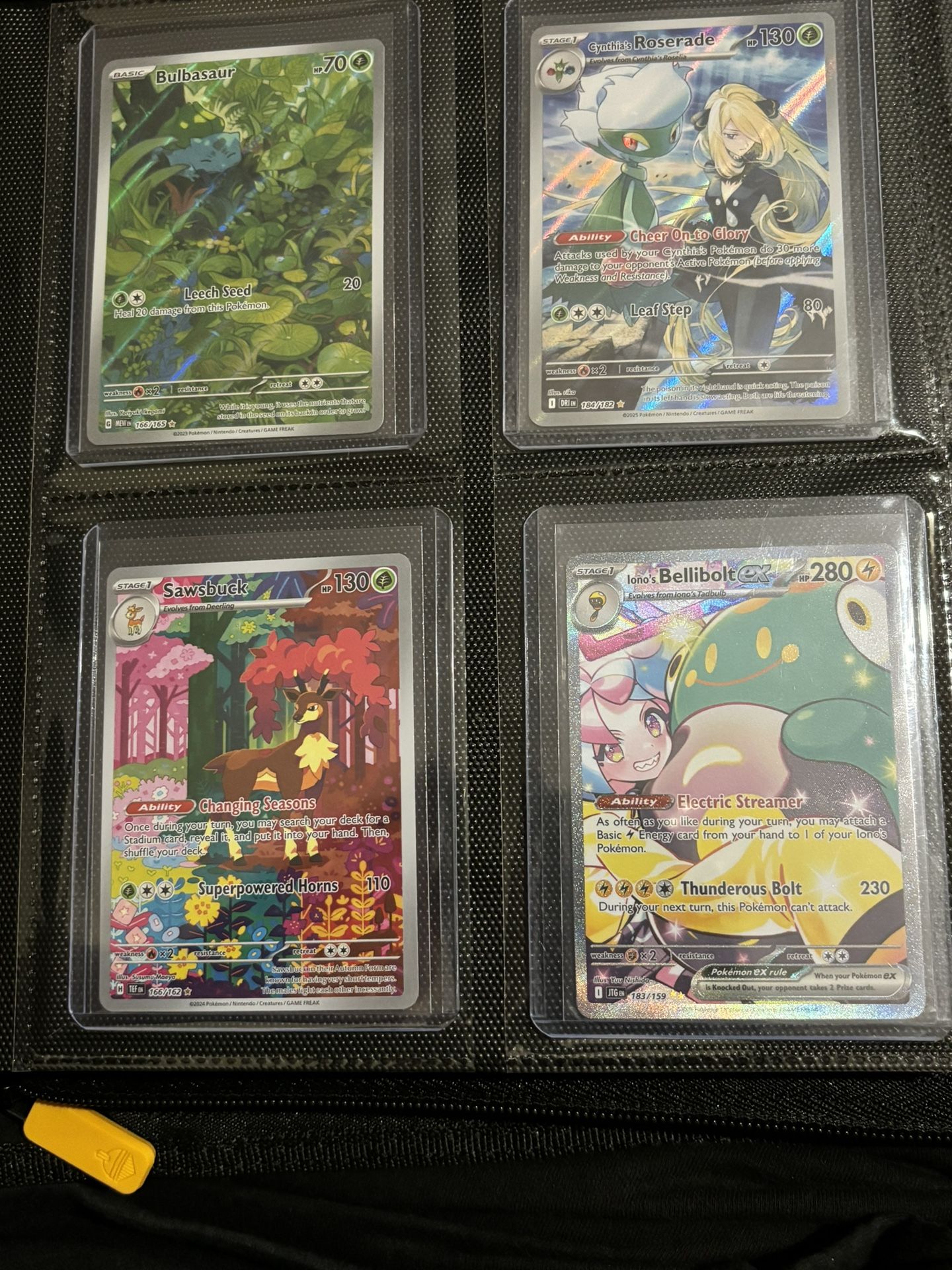 Bulbasaur 151 Illustration Rare 166/165 Cynthia's Roserade Destined Rivals 184/182 Sawsbuck Temporal Forces 166/162 Iono's Bellibolt ex Journey To