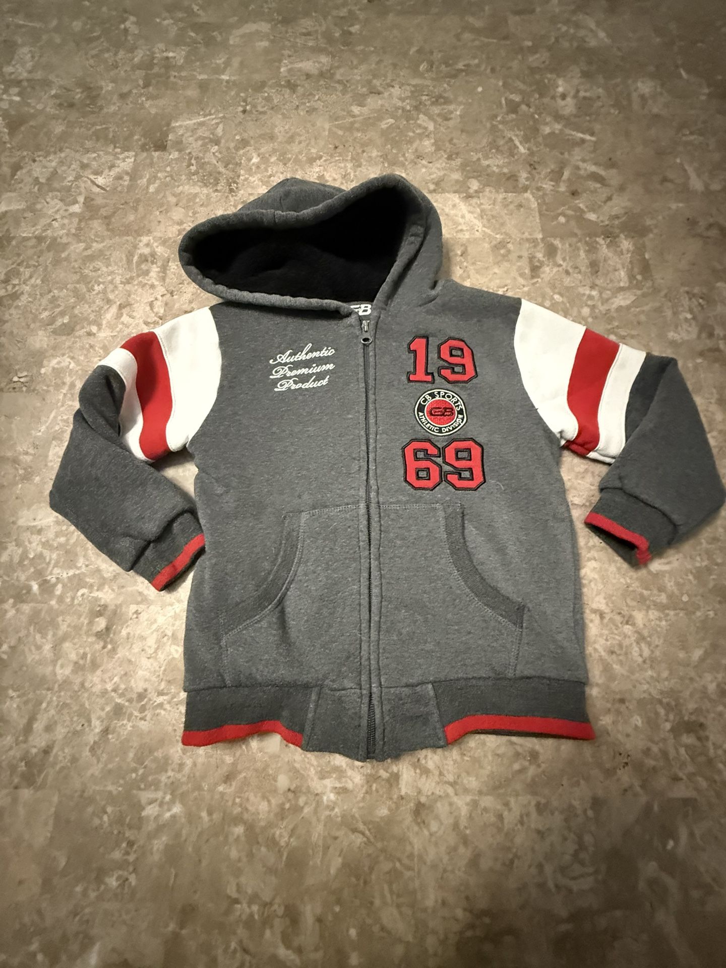 CB Sports Kids 5/6 Full Zip Jacket Gray Red White Sherpa Lined Hooded 