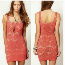 Free People Intimately Coral Lace Bodycon Dress, XS/S