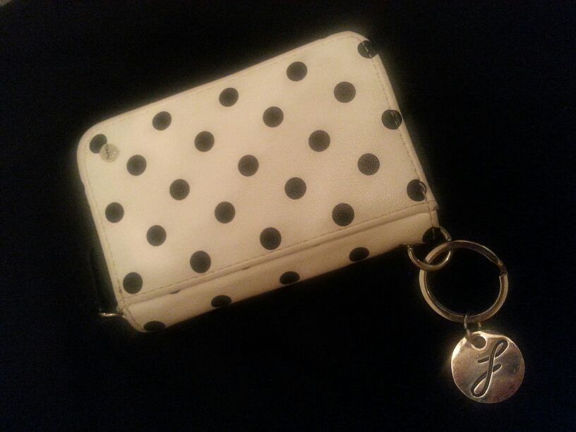 White leather polka dot wallet