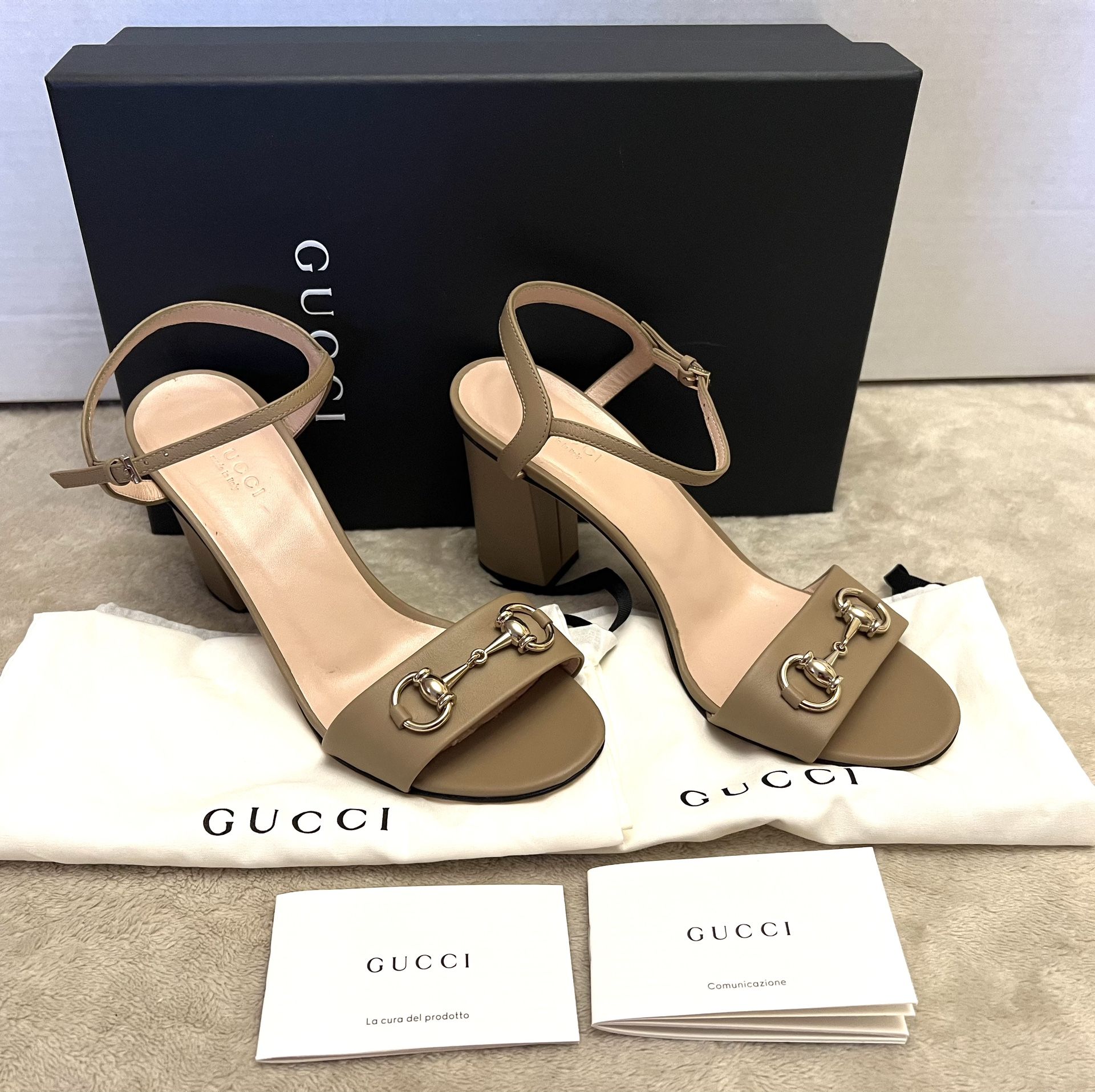 GUCCI Bright Camel Leather Upper and Sole Block Heels Women's Size 38