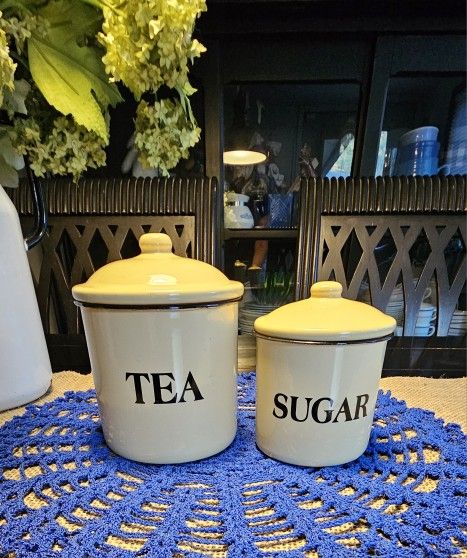Vintage Enamel Canisters Set Of 2