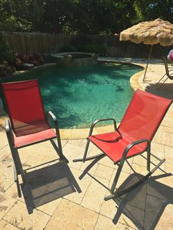 Set of 2 Outdoor Patio Rocking Chairs - Red Sling Mesh