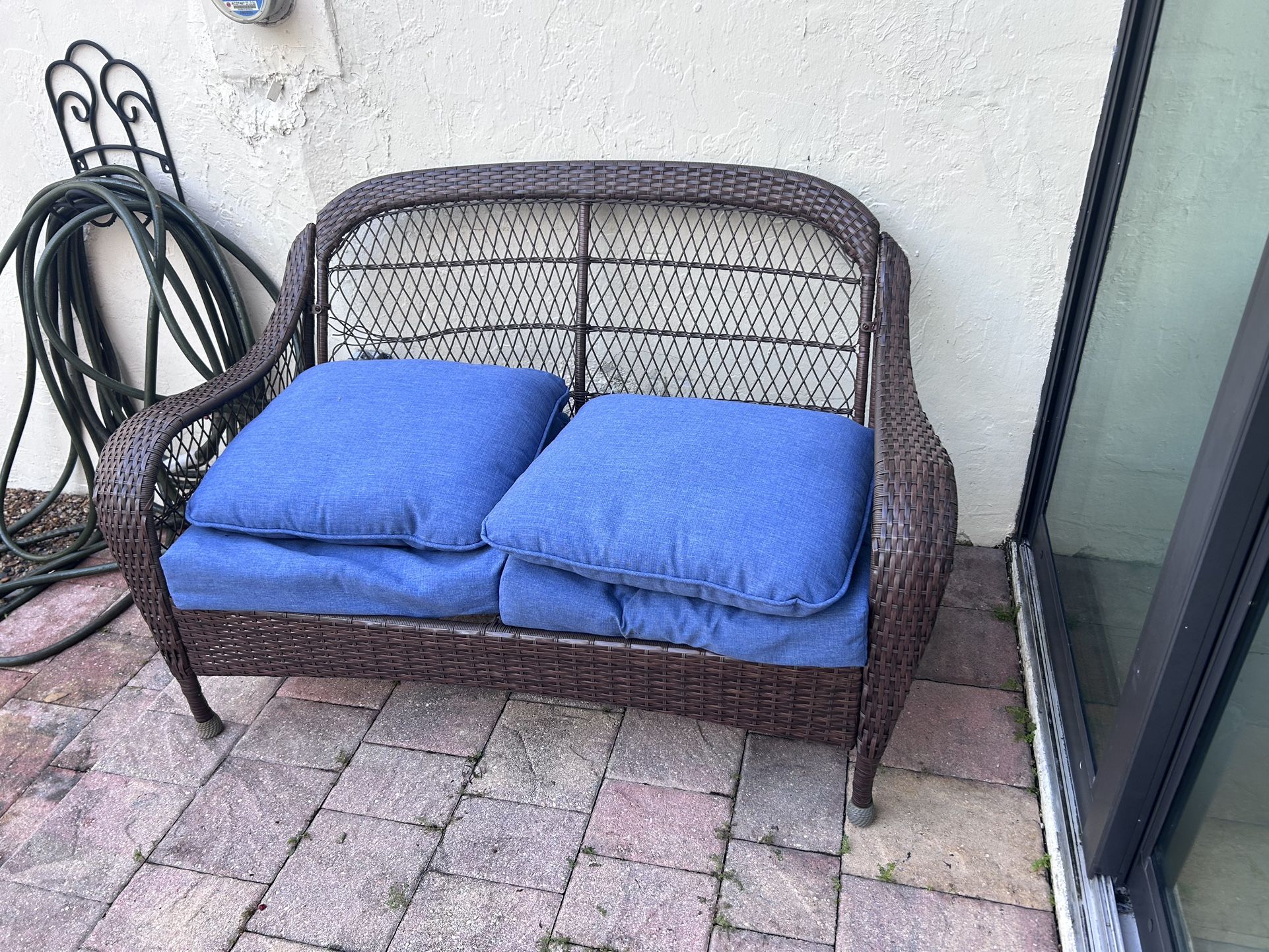 Outdoor Patio Loveseat with Blue Cushions