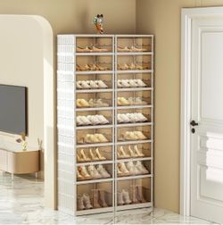 SYNCVIBE Collapsible Shoe Rack Organizer, 9 Tiers, 36 Pairs, 34.2" Wide  Foldable Shoe Storage with Doors, Plastic Shoe Cabinet with Wheels, Easy Asse