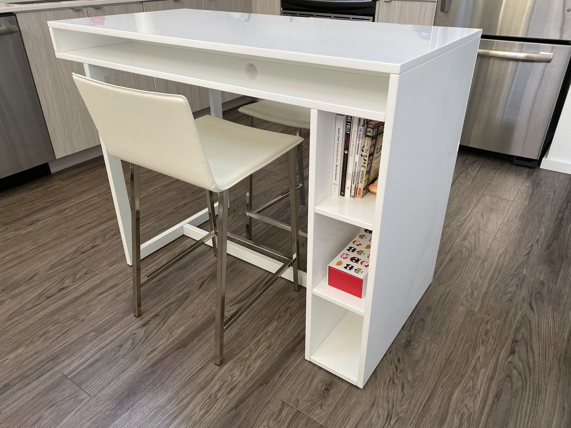 COUNTER TABLE AND 2 LEATHER STOOL SET FROM CB2