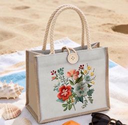 Beautiful Floral design Jute small tote bag