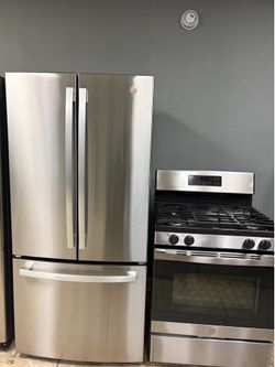 GE french door refrigerator &. GE gas range set stainless steel