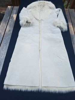 Ladies size large, off white, long suede coat.