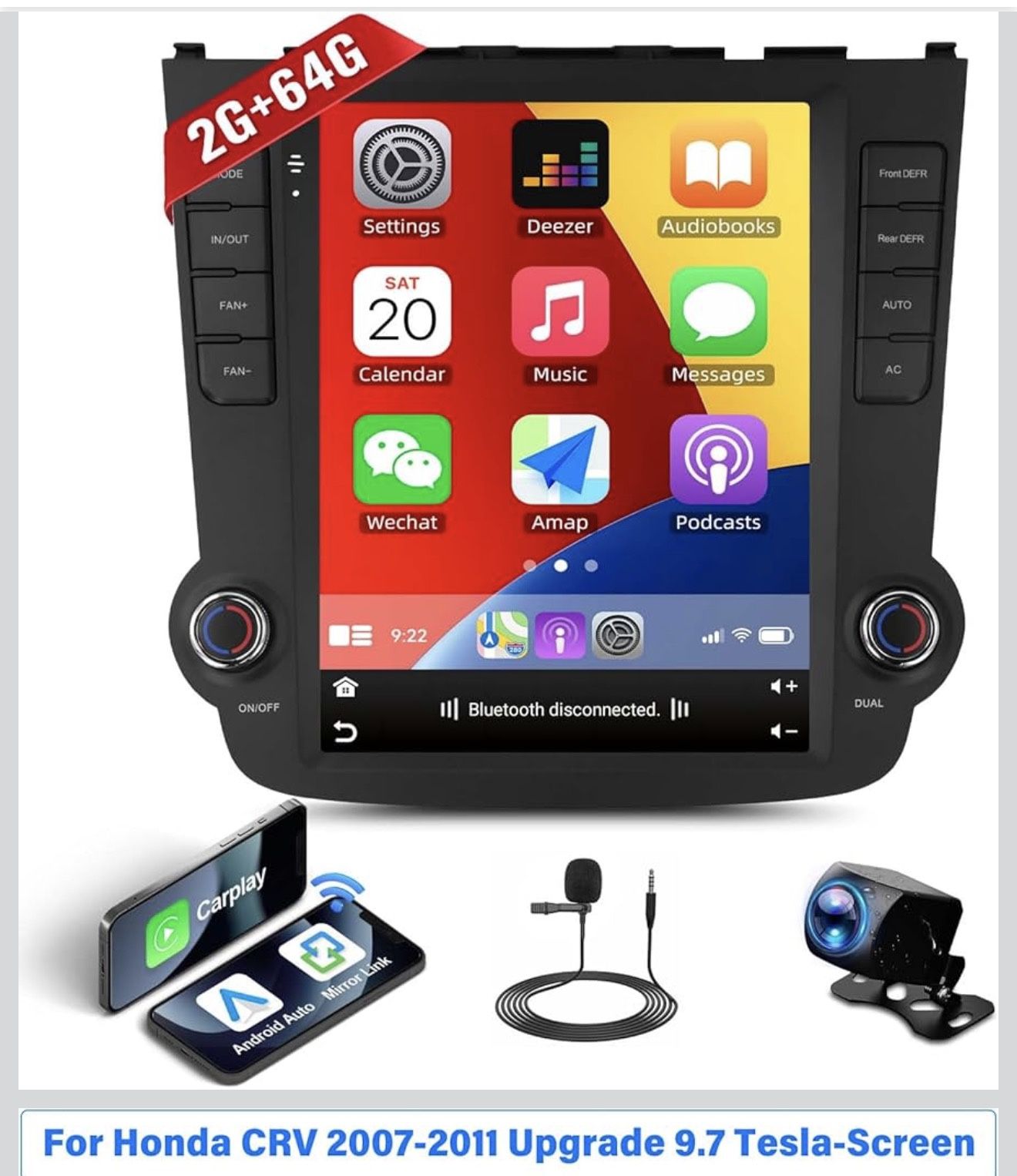 2GB+64GB Android 13 Car Stereo for Honda CRV 2007-2011 Upgrade Wireless Radio Apple CarPlay and Android Auto, 9.7-inch Vertical Touchscreen GPS Naviga