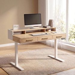 48" Electric Standing Desk with 3 Drawers & Monitor Shelf Height Adjustable Sit Stand Desk, Home Office Computer Workstation with Storage for Small Sp
