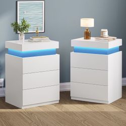Nightstand with Charging Station and LED Lights,Night Stand with Sliding Top for Bedroom, Set of 2, White