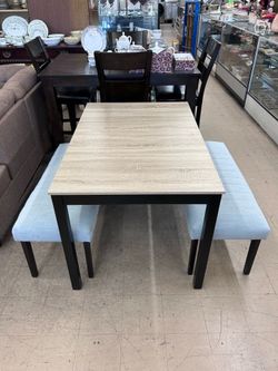 SALE 4FT Crown Mark Dining Table Set w/ 2 Padded Benches | Modern 3-Piece Wooden Kitchen Dinette Set