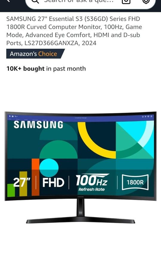 27" Essential S3 (S36GD) Series FHD 1800R Curved Computer Monitor, 100Hz, Game Mode, Advanced Eye Comfort, HDMI and D-sub Ports, LS27D366GANXZA, 2024