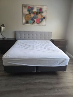 Complete Cal King Bed Set - Sealy Posturepedic + Gray Tufted Headboard