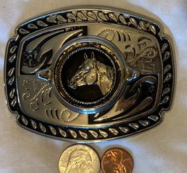 Vintage Metal Belt Buckle, Very Nice Carved Out Horse Head Design, Nice Design, 4" x 3", Heavy Duty, Quality, Thick Metal, Made in USA, For Belts, Fas