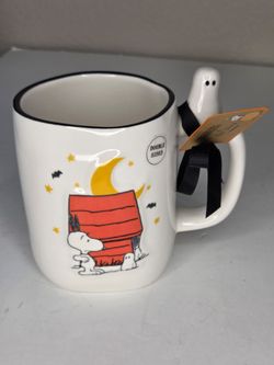 Rae Dunn Peanuts Snoopy Halloween Mug with Ghost Topper Boo Doghouse New