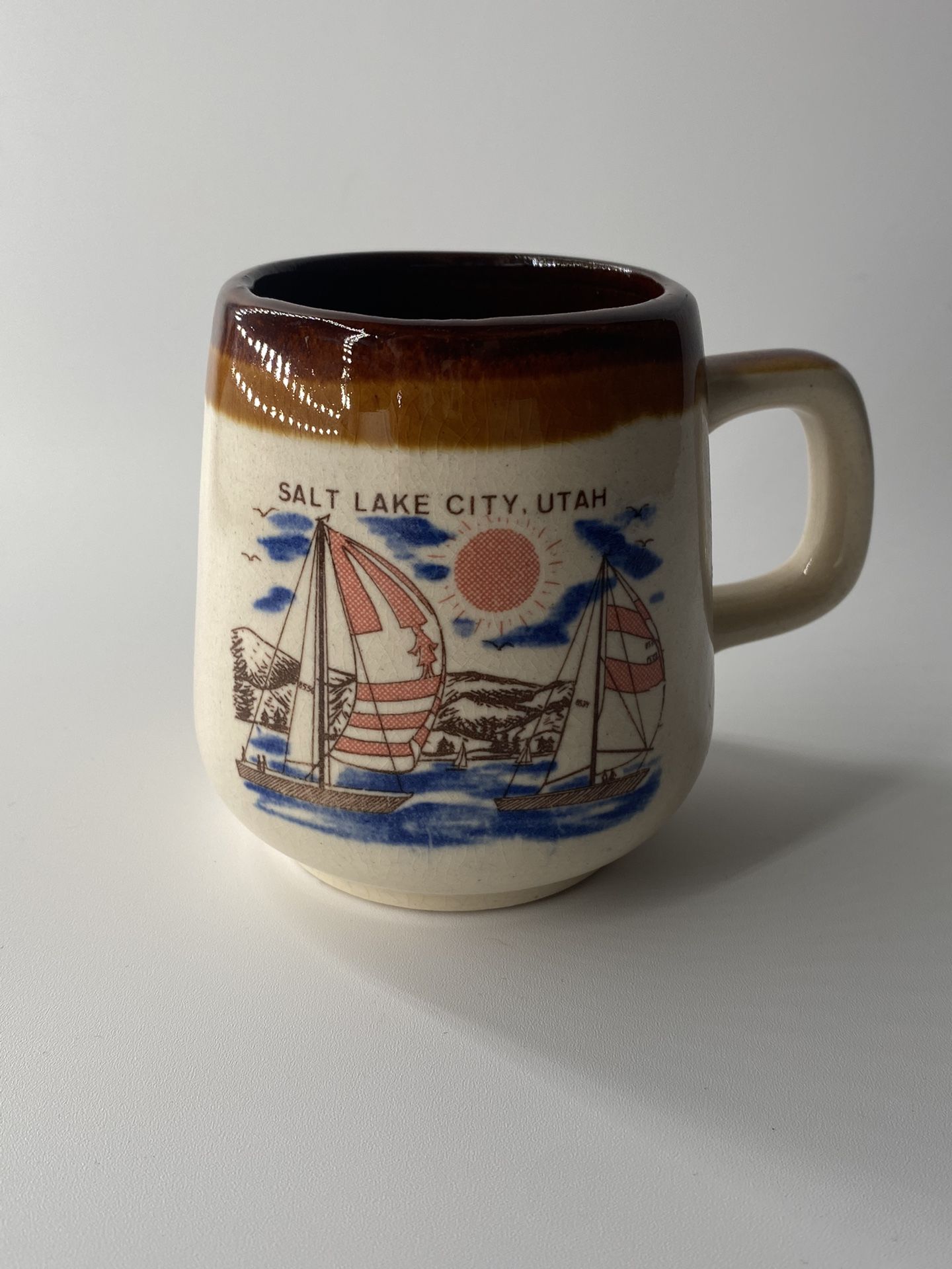 Vintage Mid Century brown Salt Lake City Utah Ceramic Coffee Mug Cup sailboats 
